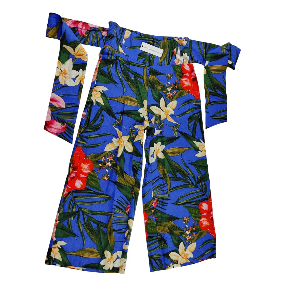 Cupcakes and Cashmere Womens XS‎ Blue Tropical Floral Linen Blend Wide Leg Pants